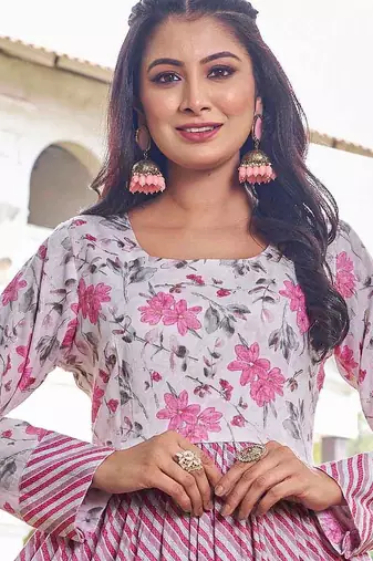 Women pink floral printed pleated anarkali gown