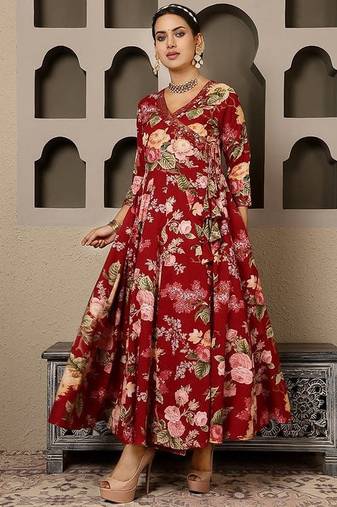 Blood red cotton printed printed anarkali
