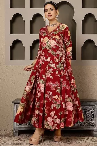 Blood red cotton printed printed anarkali