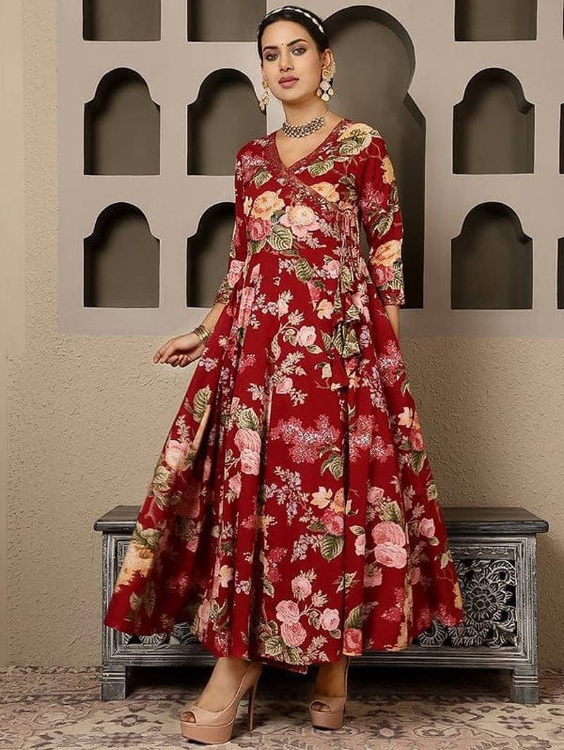 Blood red cotton printed printed anarkali