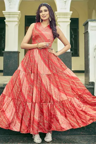 Women rust bandhani printed pleated anarkali gown