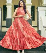 rust bandhani anarkali gown with printed pleated design