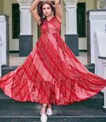 red bandhani anarkali gown with printed pleated design