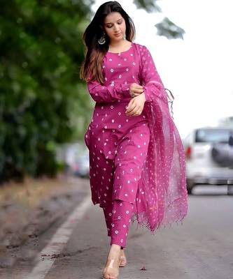 Dark rani pink cotton plain bhandej suit set 1