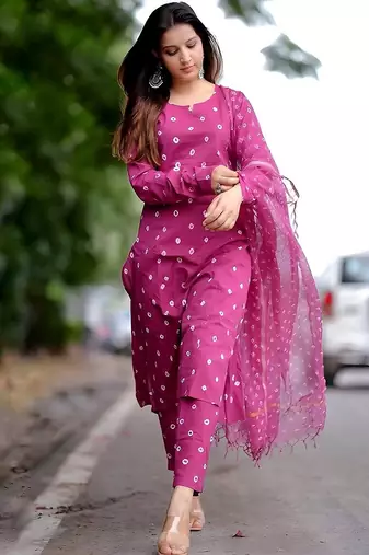 Dark rani pink cotton plain bhandej suit set