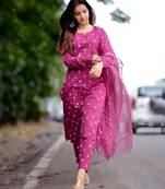 Dark rani pink cotton plain bhandej suit set