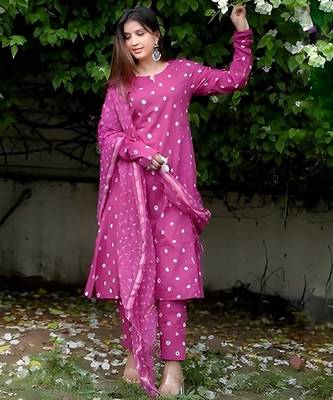 Dark rani pink cotton plain bhandej suit set 4