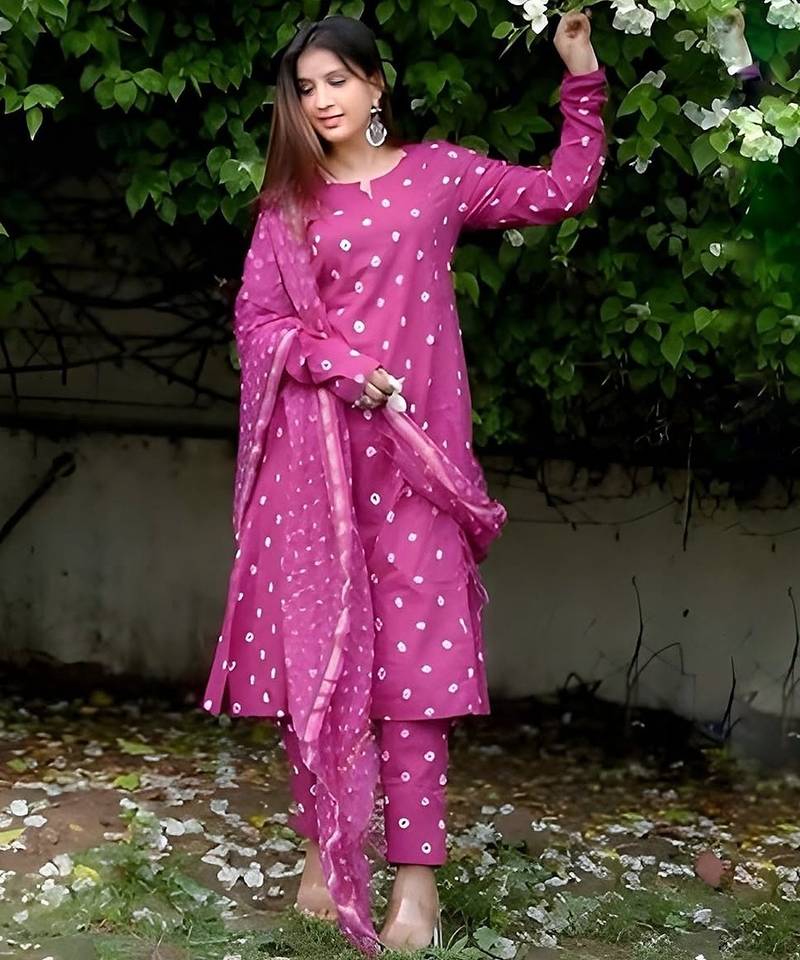 Dark rani pink cotton plain bhandej suit set