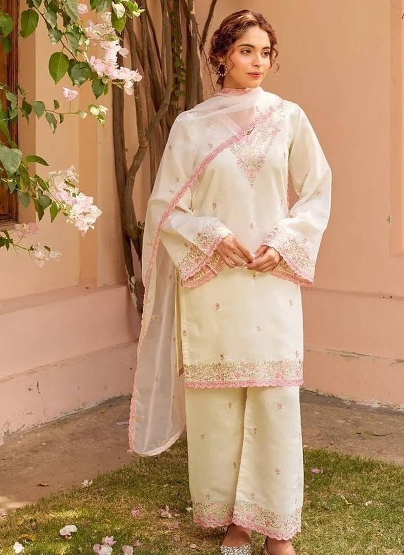 Light white chanderi embroidered embrodery suit set