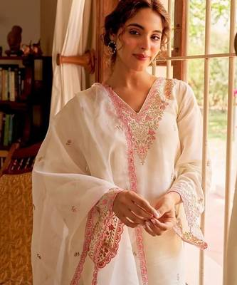 Light white chanderi embroidered embrodery suit set 2