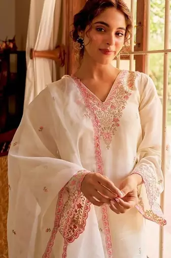 Light white chanderi embroidered embrodery suit set