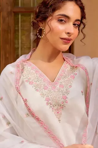 Light white chanderi embroidered embrodery suit set