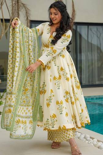 Light lemon cotton printed  printed anarkali