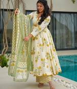Light lemon cotton printed  printed anarkali