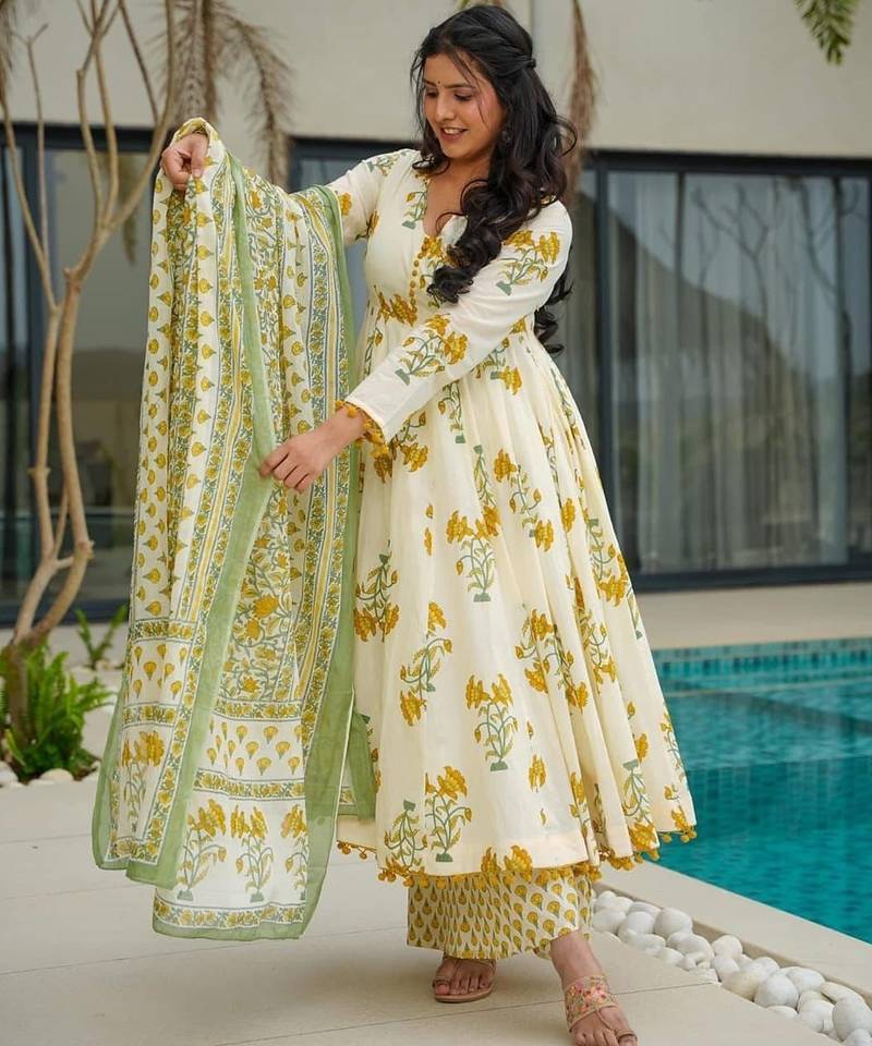 Light lemon cotton printed  printed anarkali
