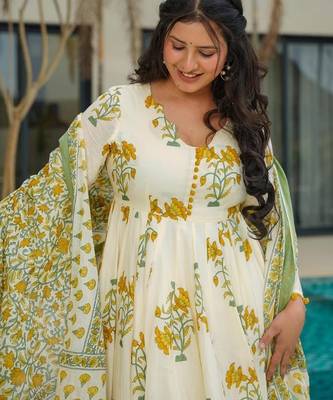 Light lemon cotton printed  printed anarkali 2