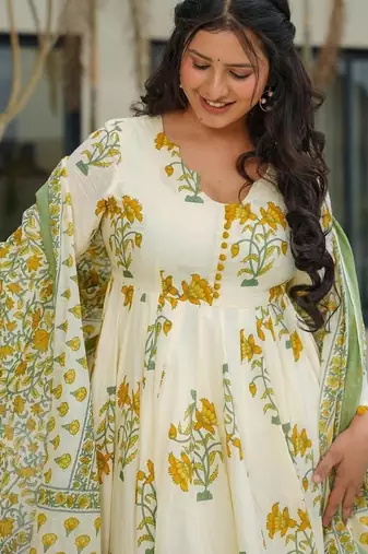 Light lemon cotton printed  printed anarkali