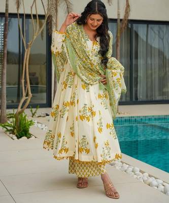 Light lemon cotton printed  printed anarkali 3