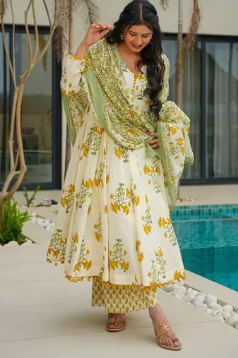 Light lemon cotton printed  printed anarkali