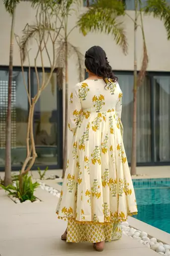 Light lemon cotton printed  printed anarkali