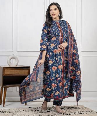 Dark aqua blue cotton printed printed kurta set with duptta 1