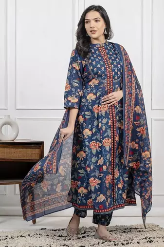 Dark aqua blue cotton printed printed kurta set with duptta