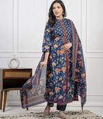 Dark aqua blue cotton printed printed kurta set with duptta