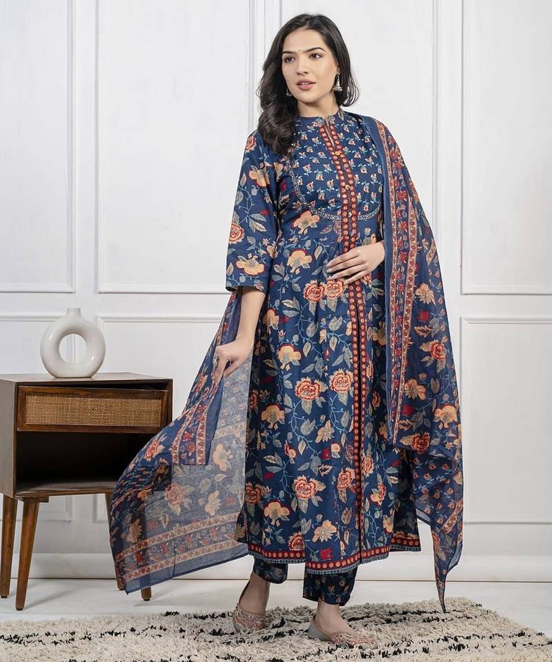 Dark aqua blue cotton printed printed kurta set with duptta