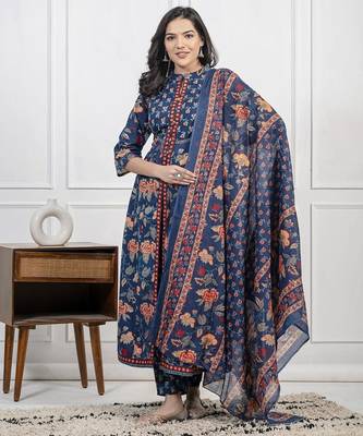 Dark aqua blue cotton printed printed kurta set with duptta 2