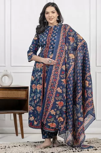 Dark aqua blue cotton printed printed kurta set with duptta