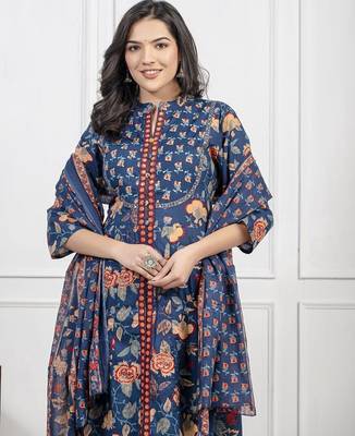 Dark aqua blue cotton printed printed kurta set with duptta 3