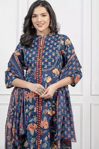 Dark aqua blue cotton printed printed kurta set with duptta