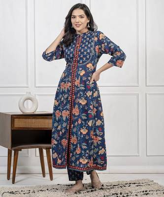 Dark aqua blue cotton printed printed kurta set with duptta 4