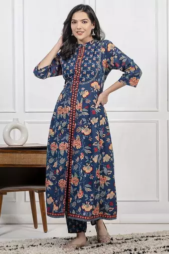Dark aqua blue cotton printed printed kurta set with duptta