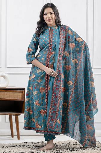Aqua blue cotton printed printed kurta set with duptta