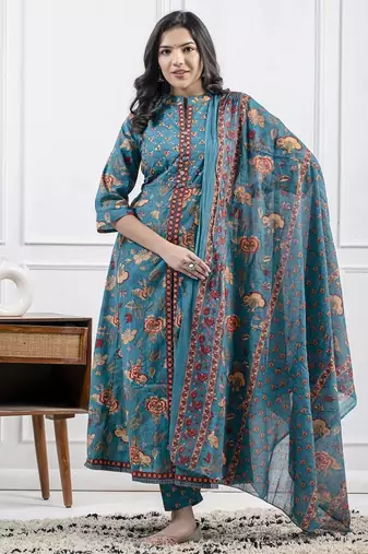 Aqua blue cotton printed printed kurta set with duptta