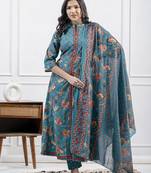 Aqua blue cotton printed printed kurta set with duptta