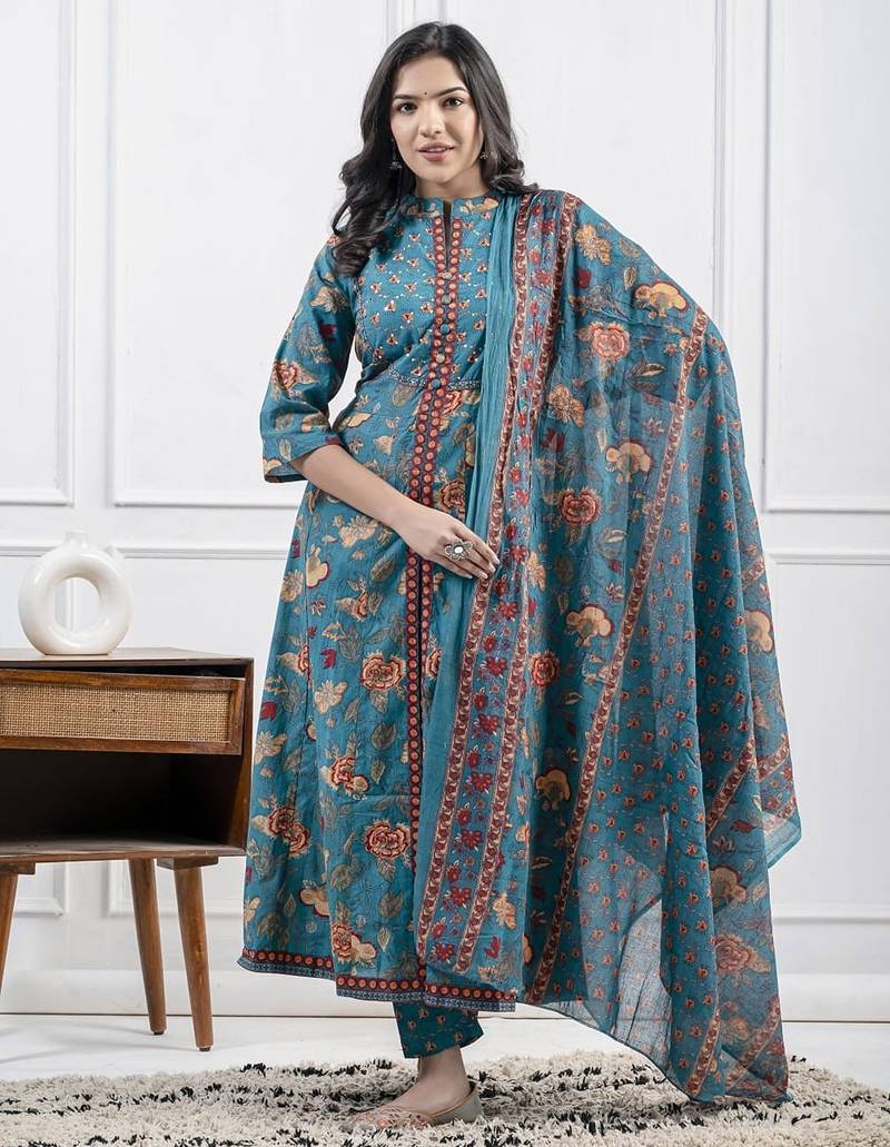 Aqua blue cotton printed printed kurta set with duptta