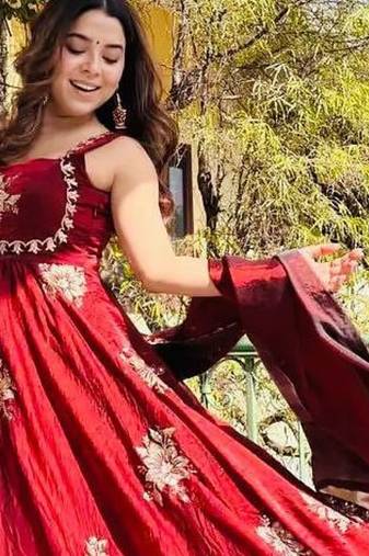 Maroon Fendy Silk Flared Gown Sharara Set with Sequence Embroidery & Dupatta