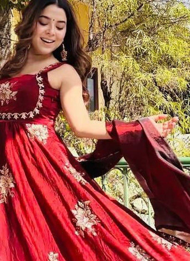 Maroon Fendy Silk Flared Gown Sharara Set with Sequence Embroidery & Dupatta