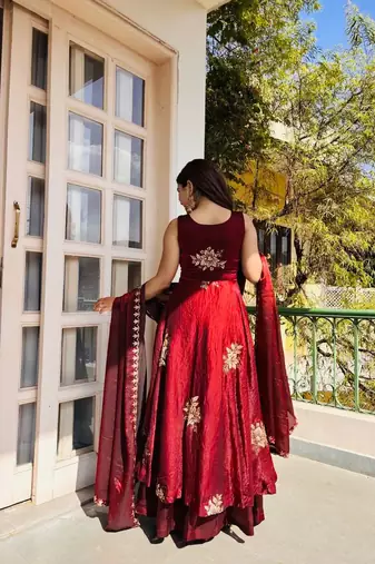 maroon fendy silk gown sharara with sequin work