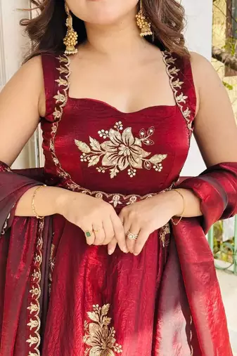 maroon fendy silk gown sharara with sequin work
