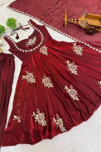 maroon fendy silk gown sharara with sequin work