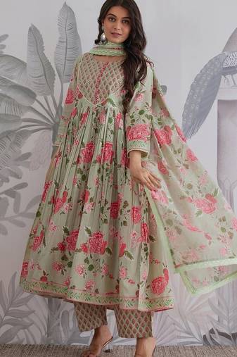 Light green cotton printed printed anarkali