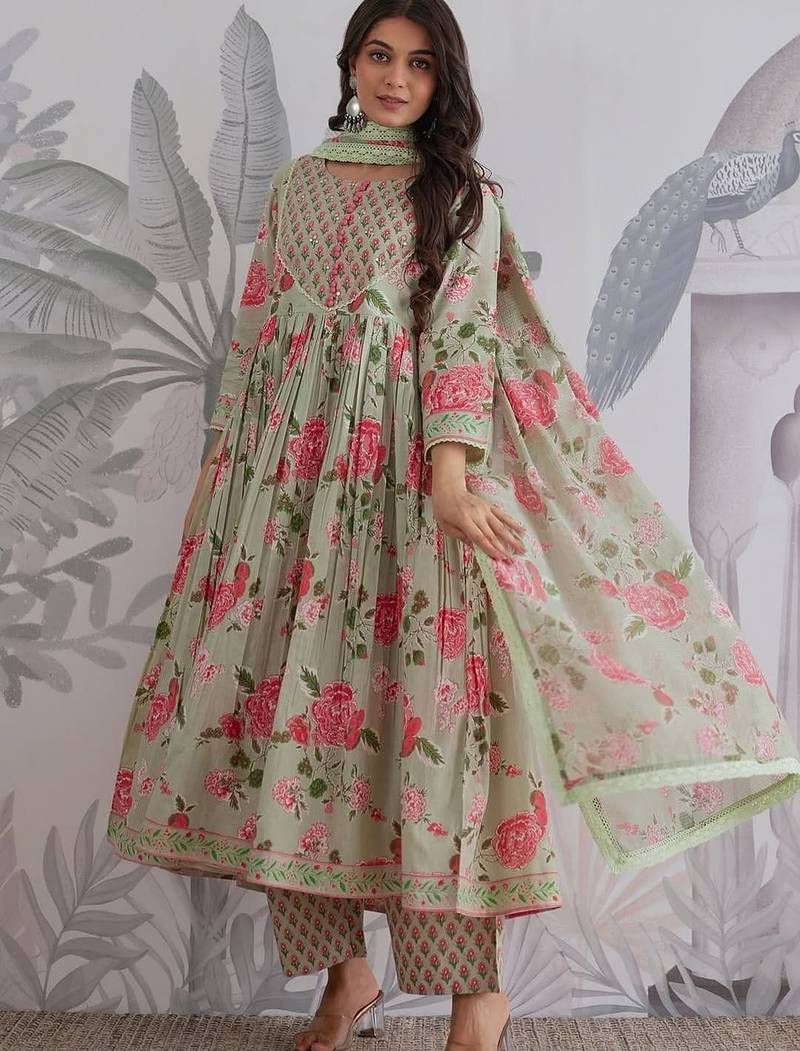 Light green cotton printed printed anarkali