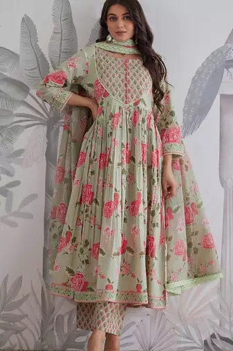 Light green cotton printed printed anarkali