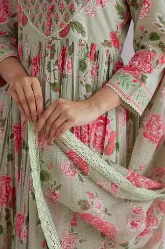 Light green cotton printed printed anarkali
