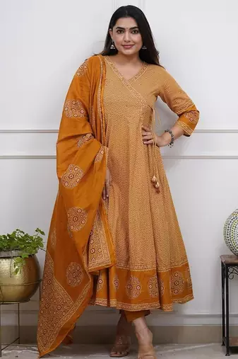 Dark mustard cotton printed printed anarkali