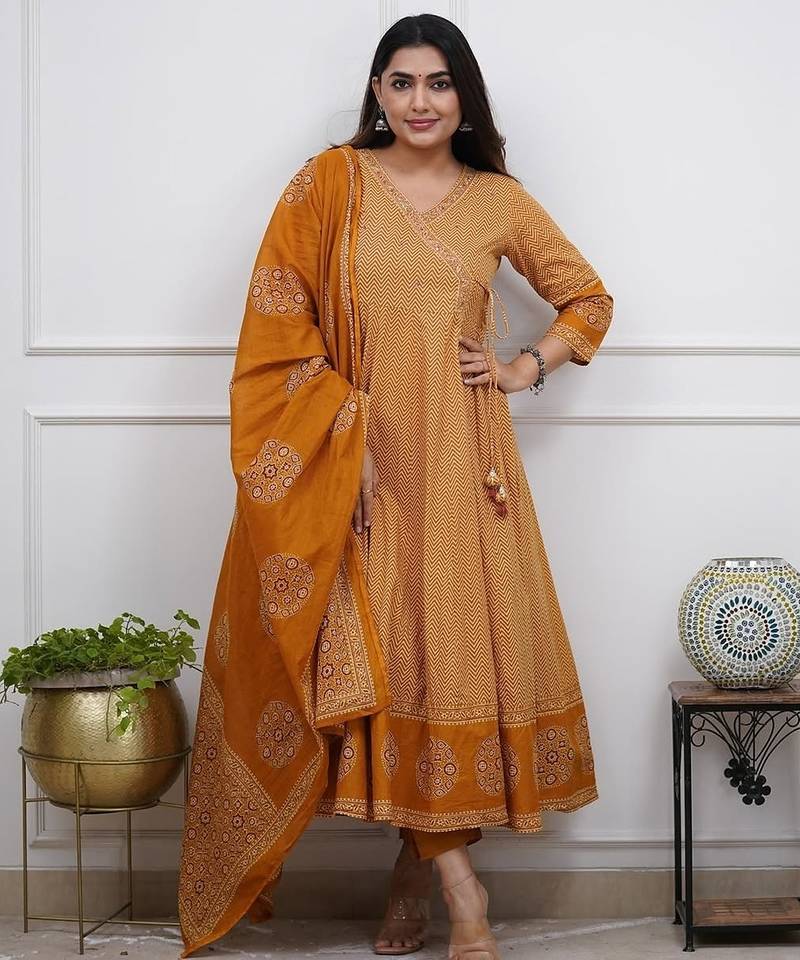 Dark mustard cotton printed printed anarkali