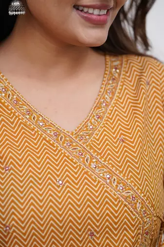 Dark mustard cotton printed printed anarkali